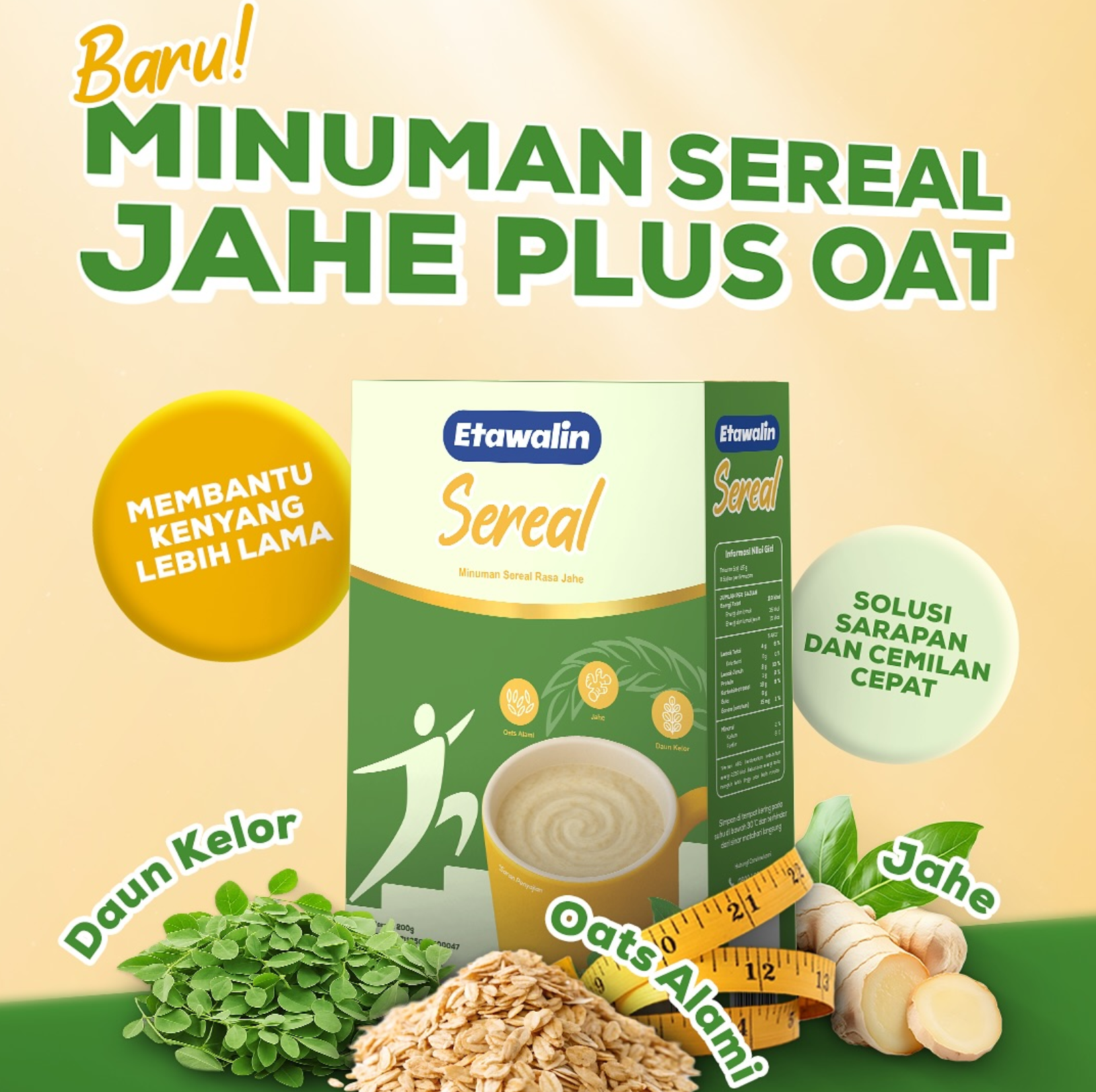 Etawalin Sereal hadir dengan kombinasi jahe, daun kelor, dan susu Etawa yang bantu jaga berat badan dan sendi secara alami.