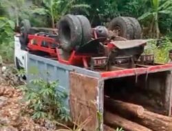 Gagal Menanjak di Jalan Sempit dan Licin, Truk Dump Bermuatan Kayu Jati Terbalik di Girisubo Gunungkidul
